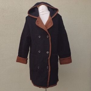 Womens Hooded Double-Breasted Cardigan Sweater - Black with Brown Trim